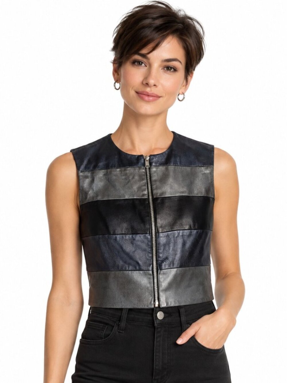 Lilia Stogova Black Metallic Color Block Cropped Leather Vest